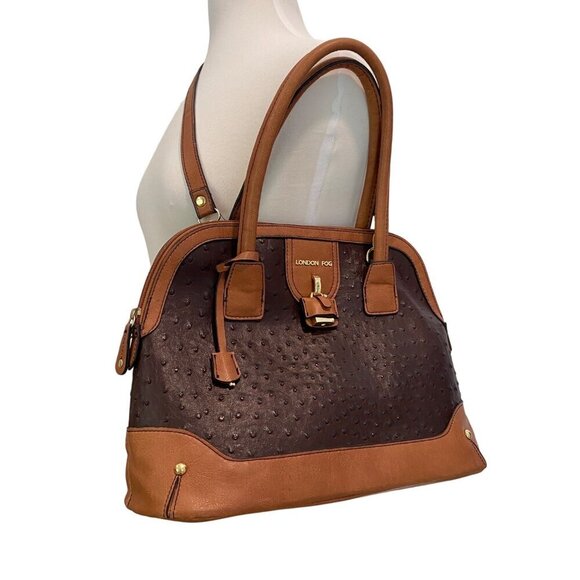 London Fog Brown & Tan Vegan Ostrich Leather Satchel Handbag With Shoulder - Picture 1 of 14